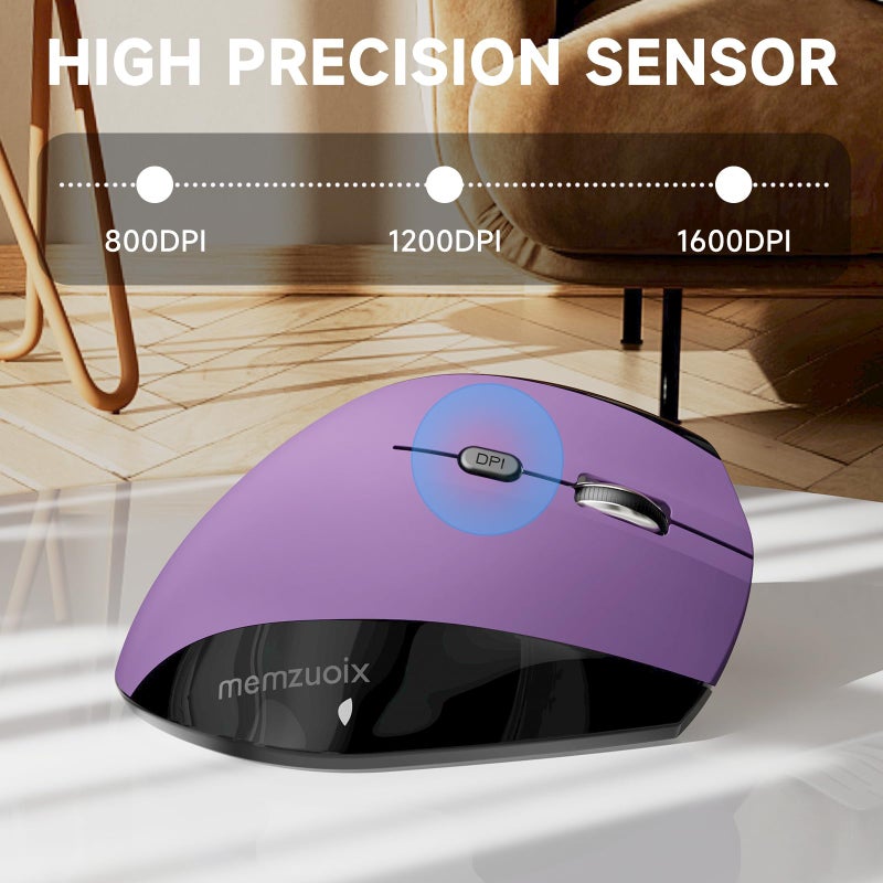 memzuoix Ergonomic Wireless Mouse, 2.4G Optical Cordless, 800/1200/1600 DPI, Vertical Computer Mouse for Laptop, Mac, PC, Desktop (Right Hand, Large) - Purple - Image 5
